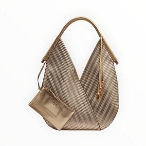 Donna Karan New York Pleated Metallic Hobo Handbag with Matching Pouch